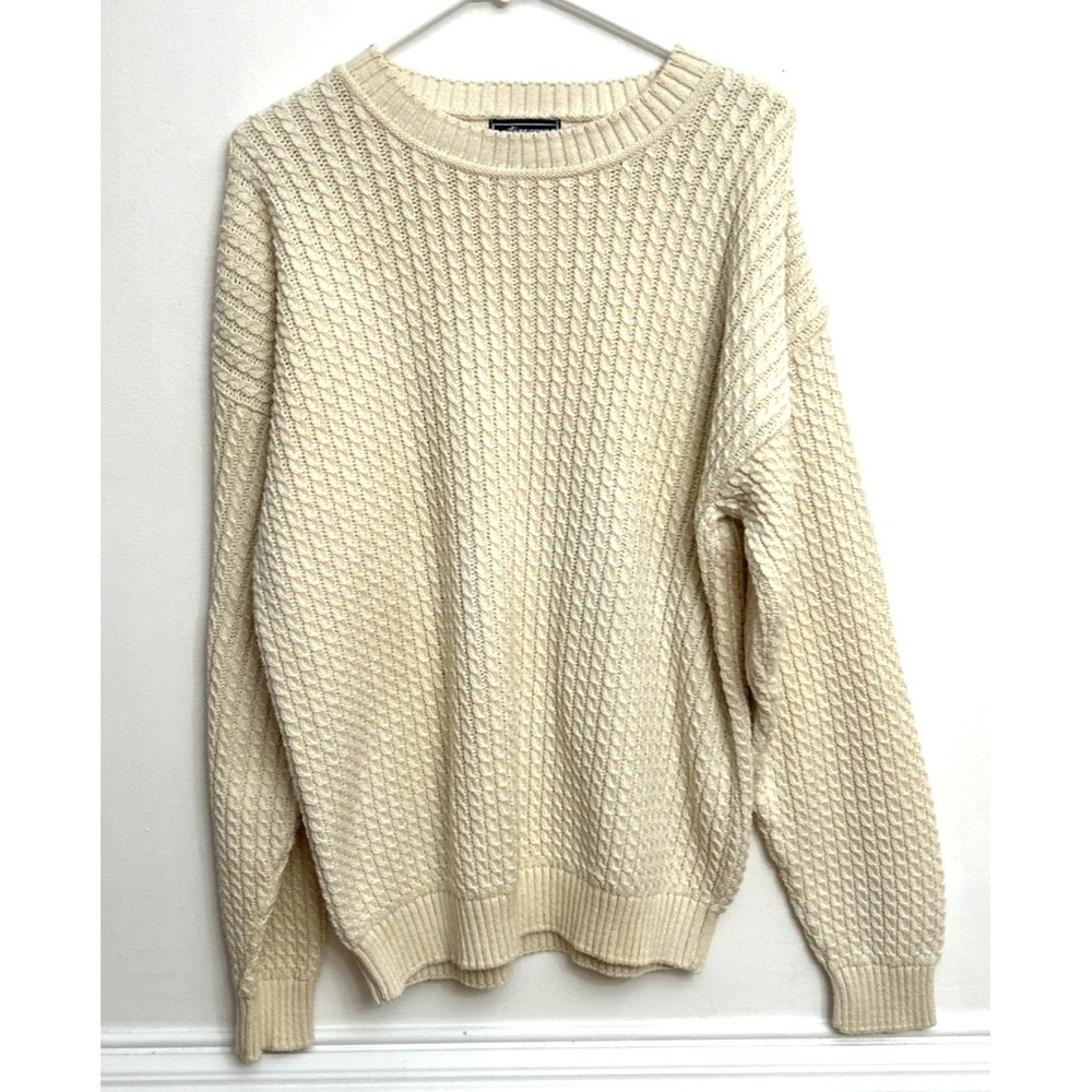 Vtg Peconic Bay Traders Cable Knit Sweater Men's L Made in USA Ivory Fisherman